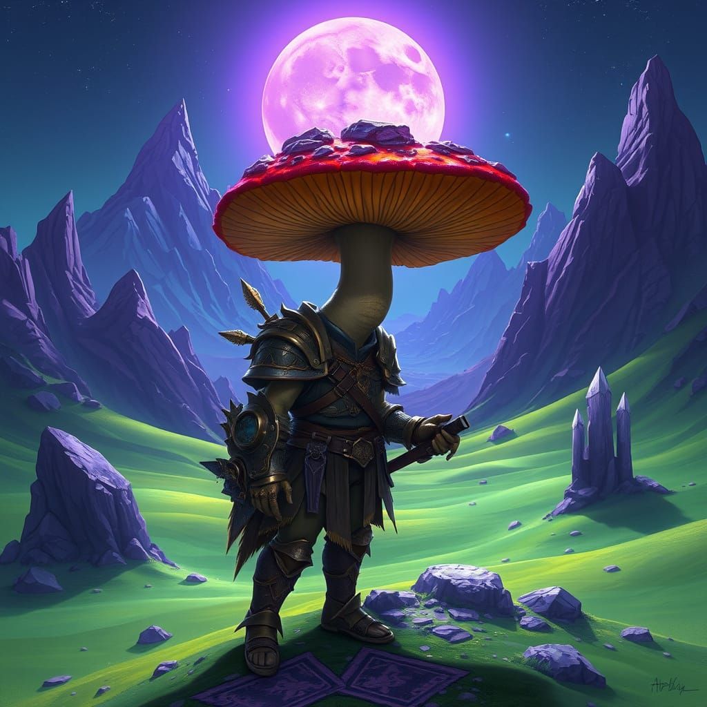 Mushroom Warrior in Green Desert with Purple Moon
