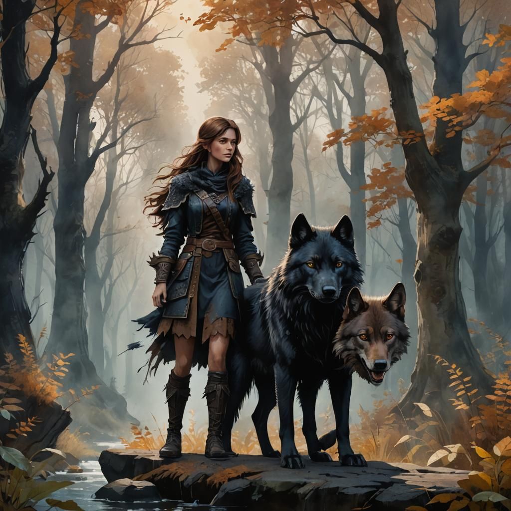 Watercolor Black Wolf and Girl Fantasy Art