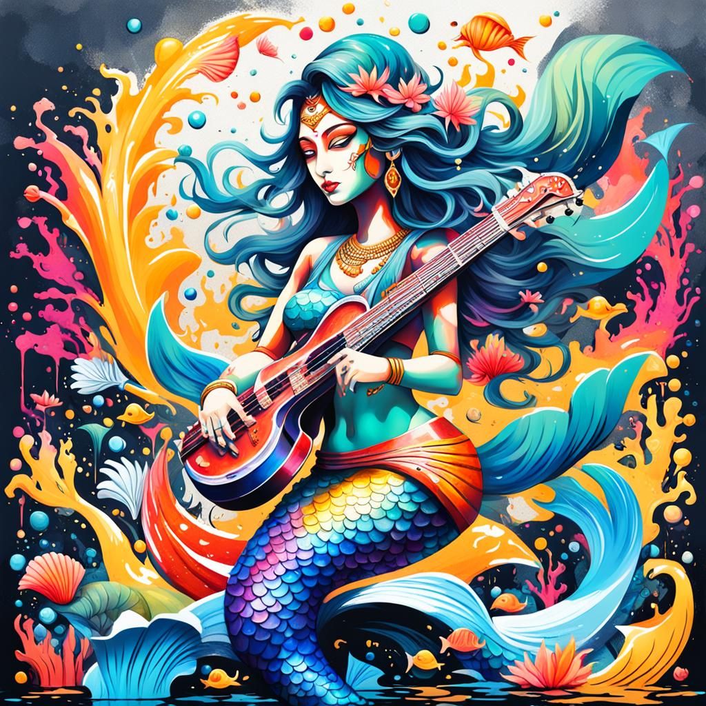 Saraswati as Mermaid in Graffiti Street Art