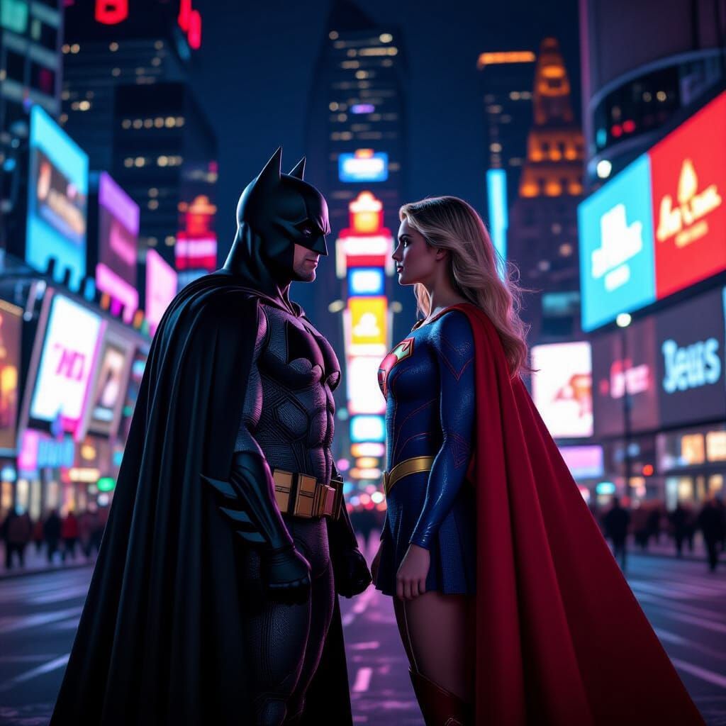 Batman and Supergirl in Times Square at Night