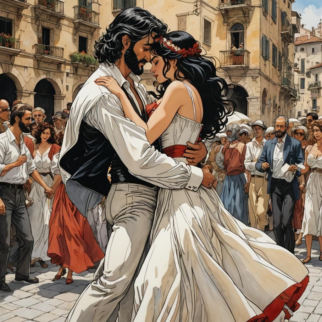 Romantic Tarantella Dance in Naples, Bande Dessinée Style