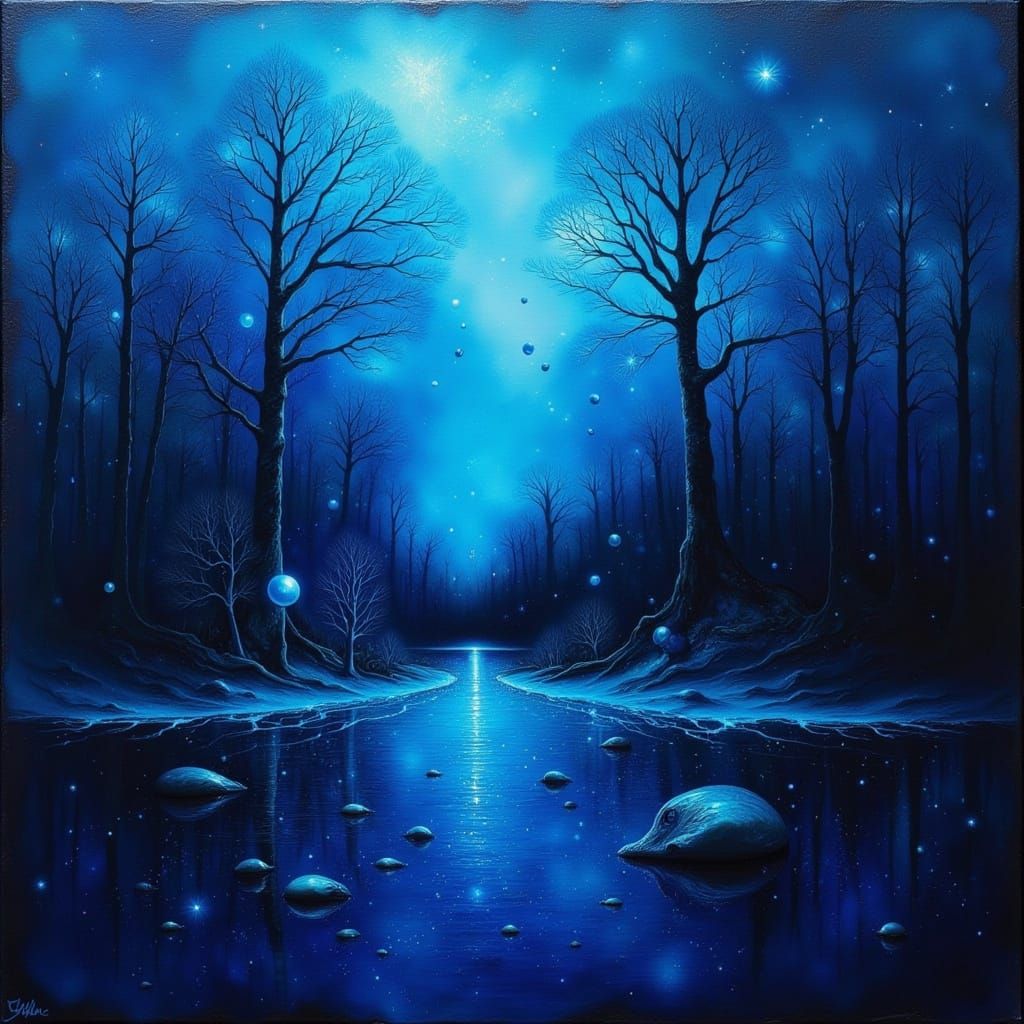 Dark Blue Surrealist Landscape in Cyberpunk Style