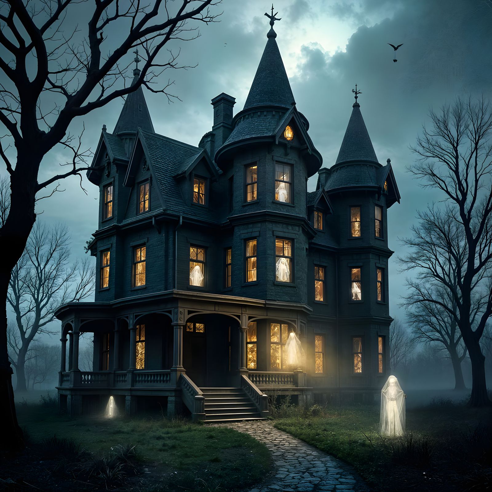 Abandoned Victorian Mansion on Stormy Halloween Night