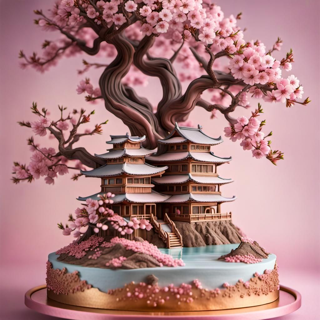 Cherry Blossom Tree Cake: Elaborate Digital Art
