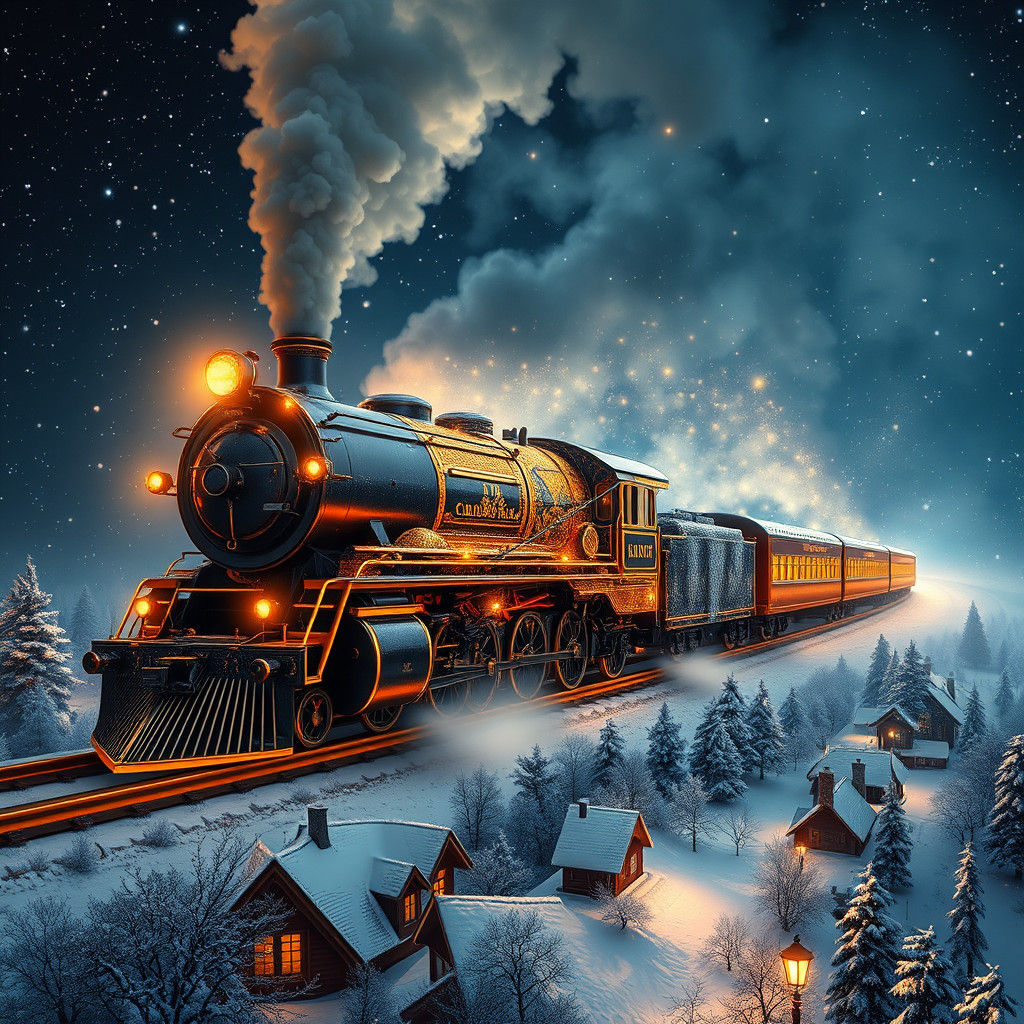 Flying Steam Locomotive in Autumn and Winter Sky