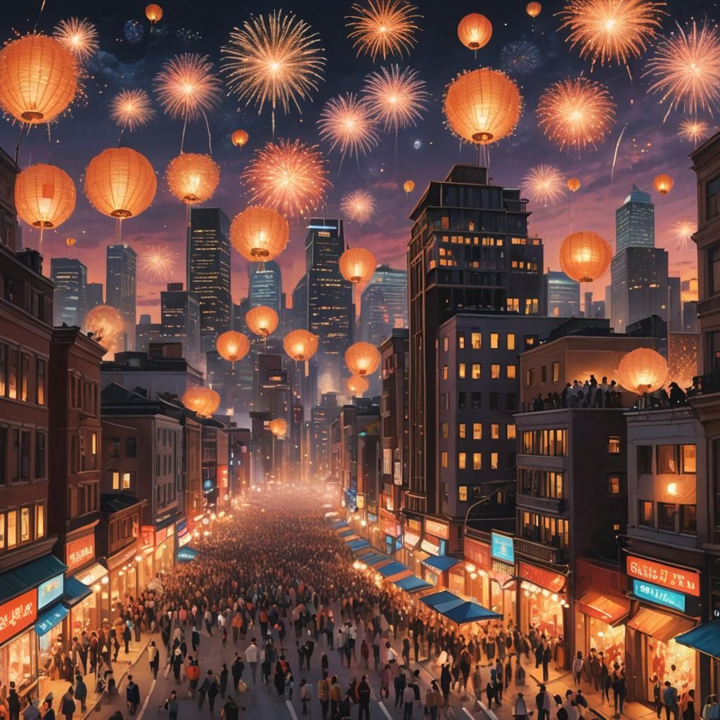 Vibrant Cityscape at Dusk with Fireworks Celebration