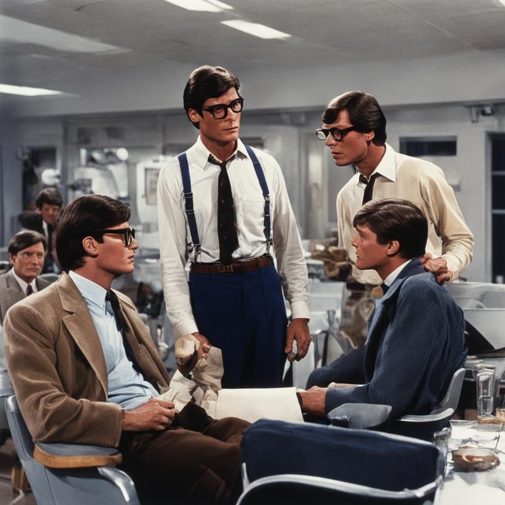 Christopher reeve as clark kent looking at Nicholas Hammond ...