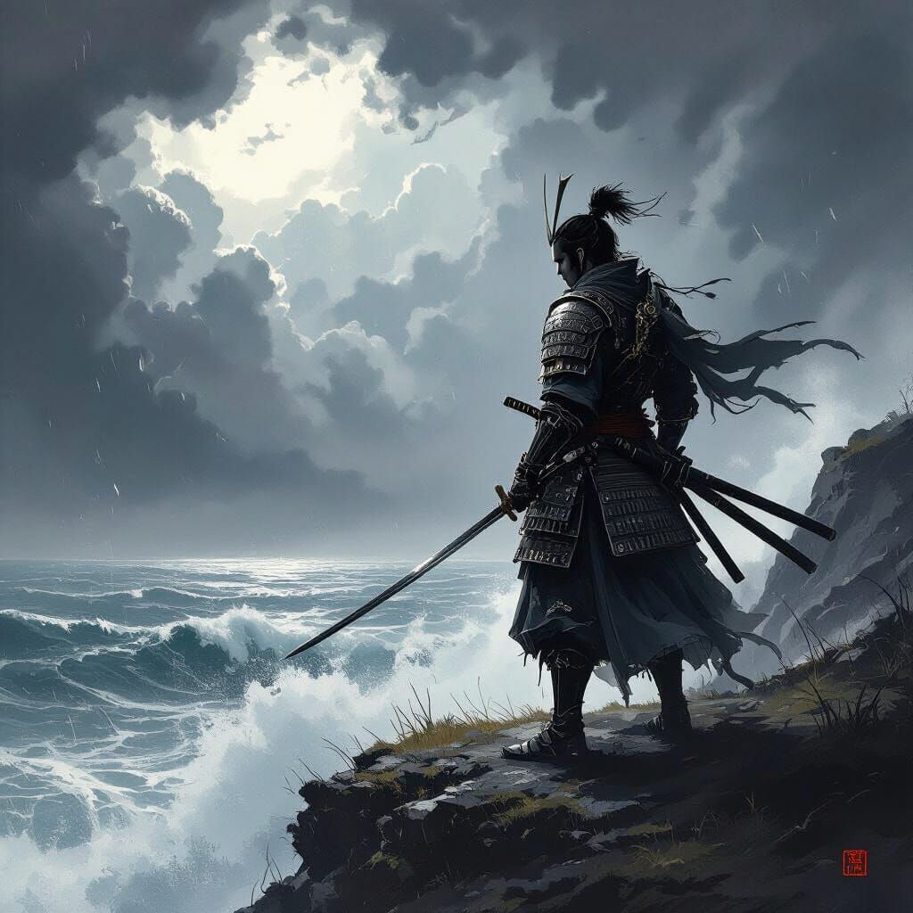 Samurai Warrior on Windswept Cliff Overlooking Turbulent Sea