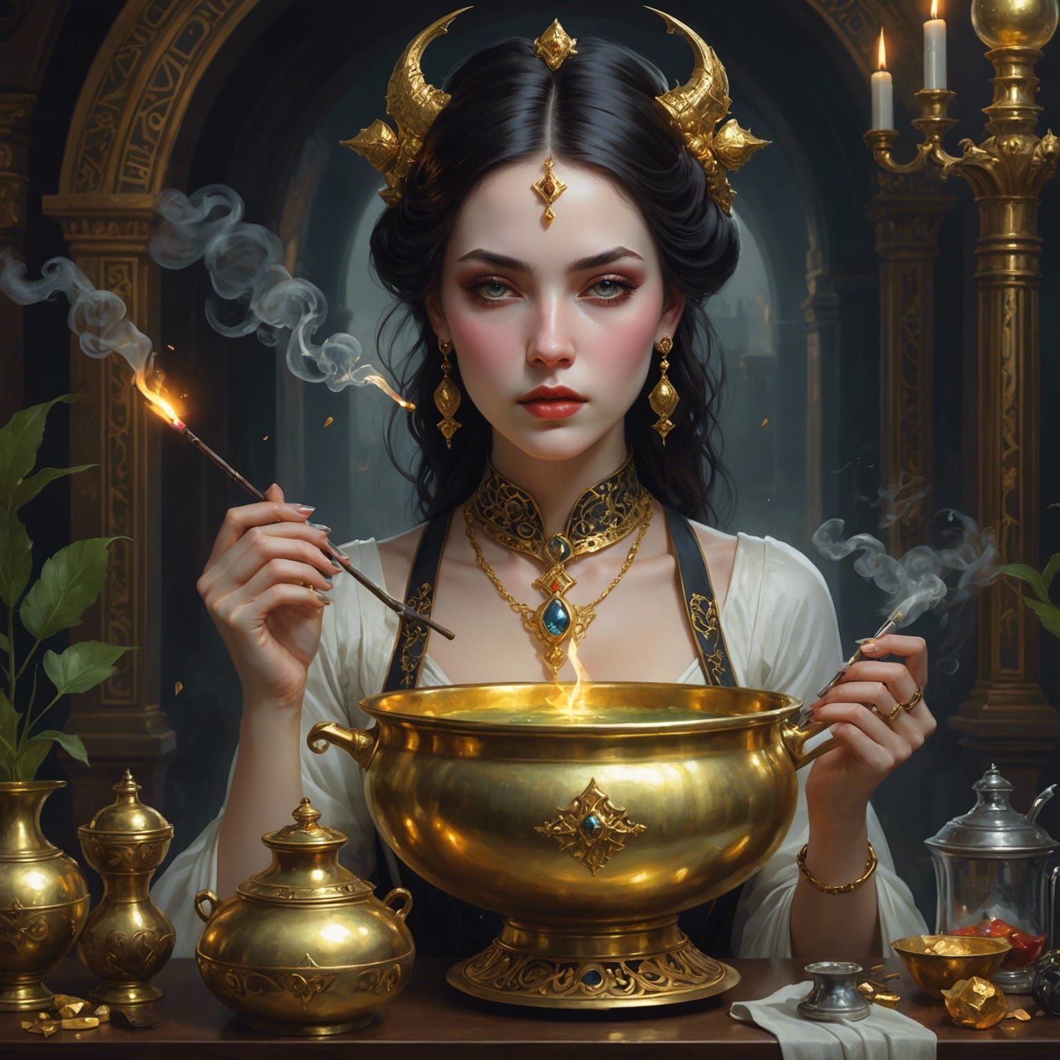 Gold Alchemist Goddess with Bubbling Cauldron