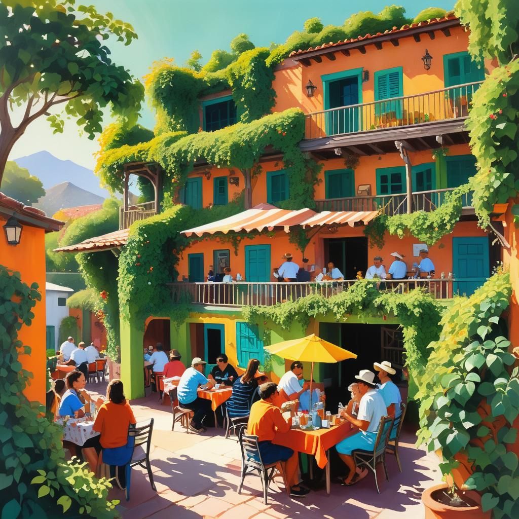 Courtyard Cafe Near Mexican Beach, Gouache Painting