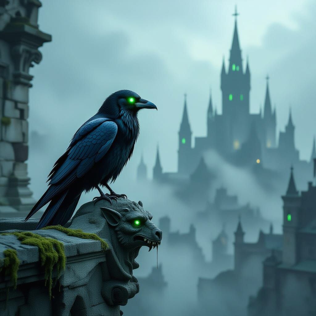 Gothic Raven on Gargoyle Overlooking Foggy Cityscape