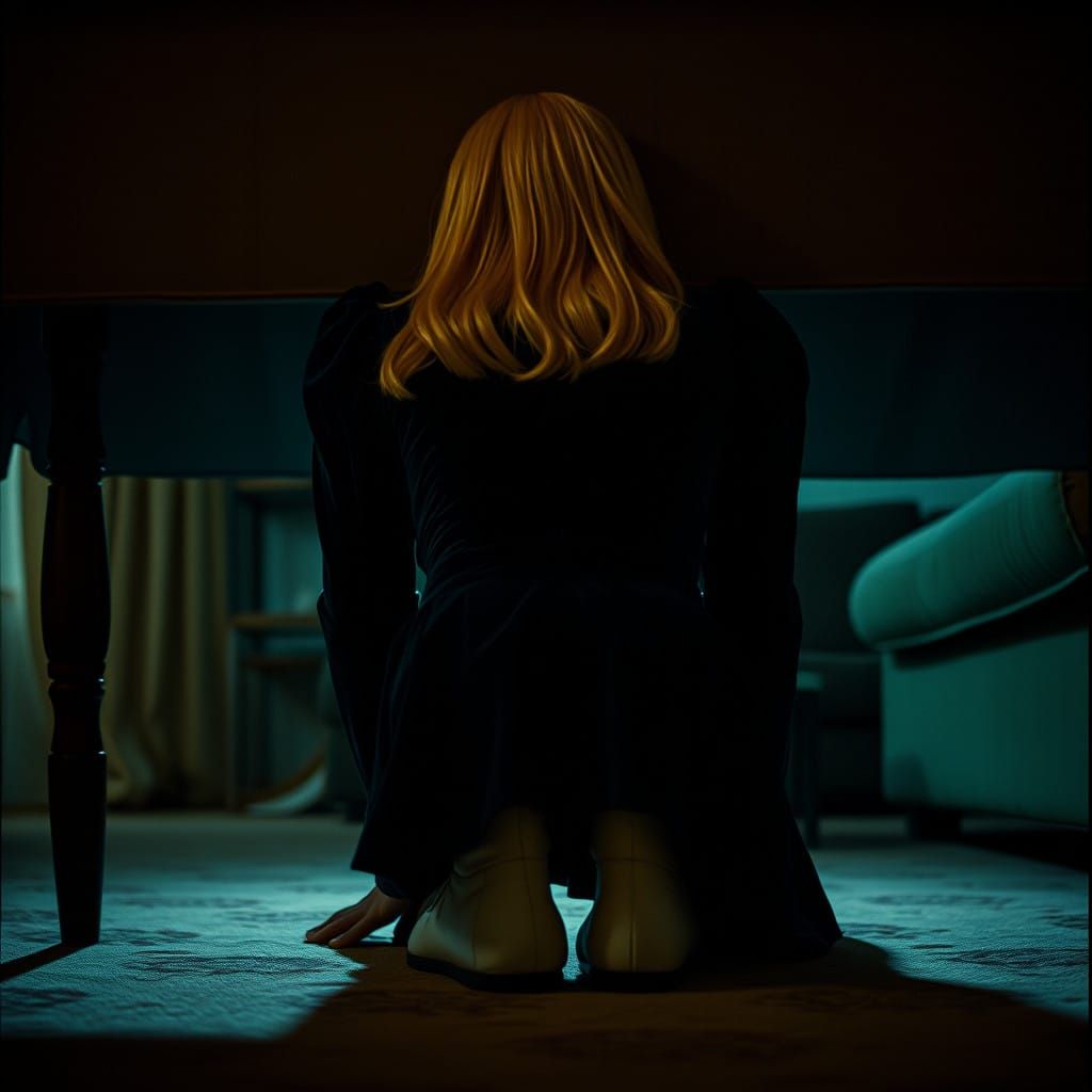 Man in Velvet Velvet Peter Pan Dress Under Sofa