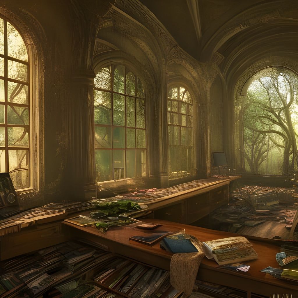 Fox in Overgrown Library: Detailed Fantasy Art