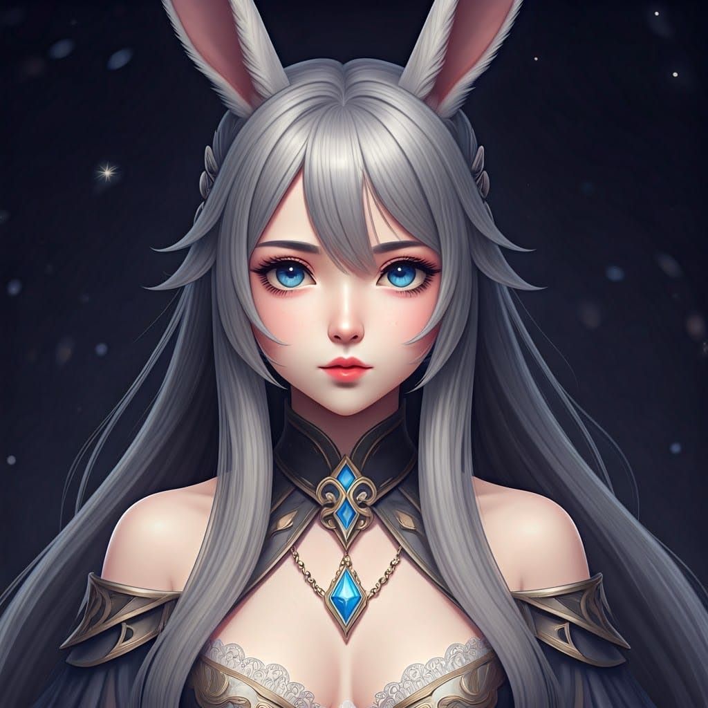 Elegant Gray-Haired Anime Rabbit Girl with Whimsical Accesso...