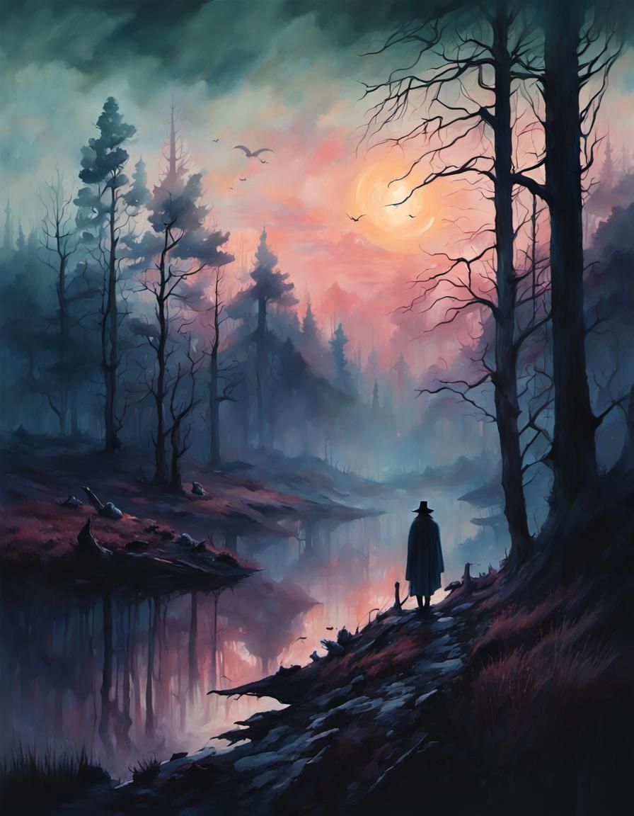 Misty Witching Hour Landscape in Watercolor Style