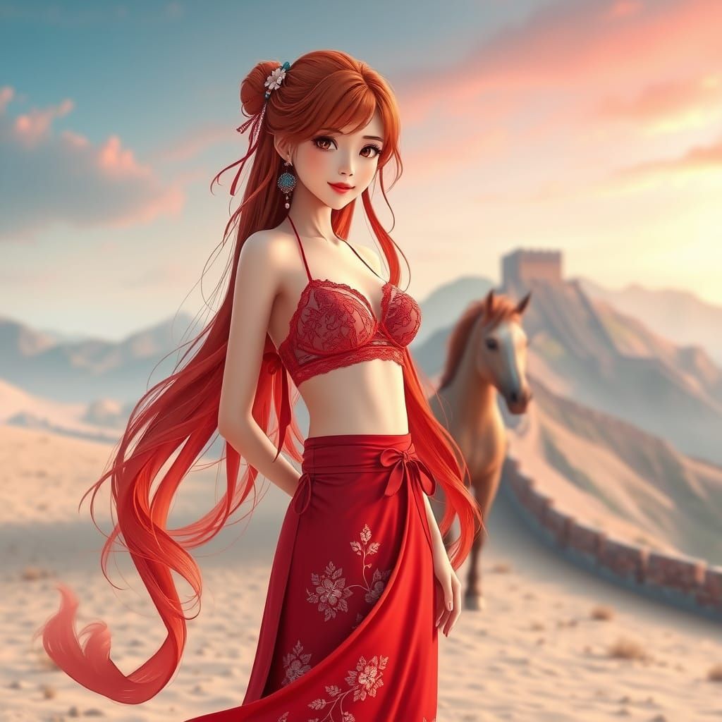 Red-Haired Woman in Pastel Desert, 3D Anime Art
