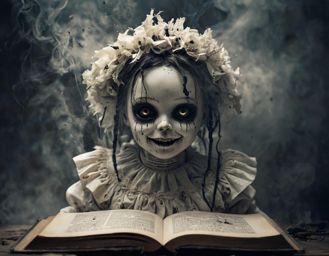 Eerie Doll Emerges from Occult Book in Dark Fantasy Art