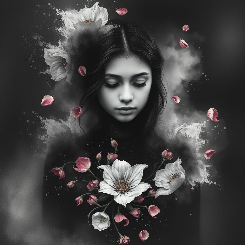 Girl Vanishes into Whimsical Dust and Petals in Charcoal Art