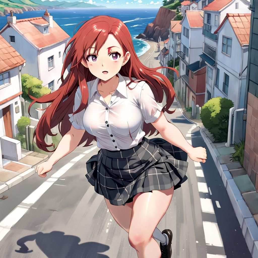 Anime Girl Running in Coastal Town Street