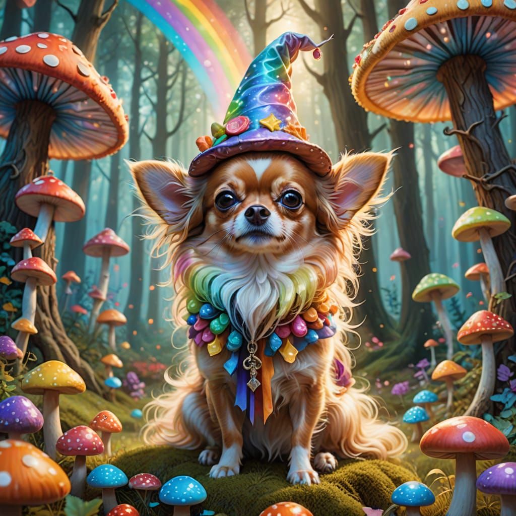 Whimsical Wizard Chihuahua Conjured Rainbow Over Fantasy For...