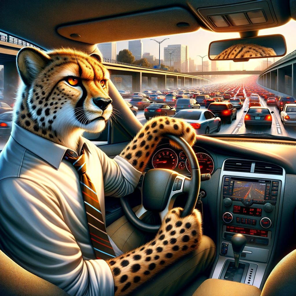 Frustrated Cheetah Commuter in Golden Hour Traffic