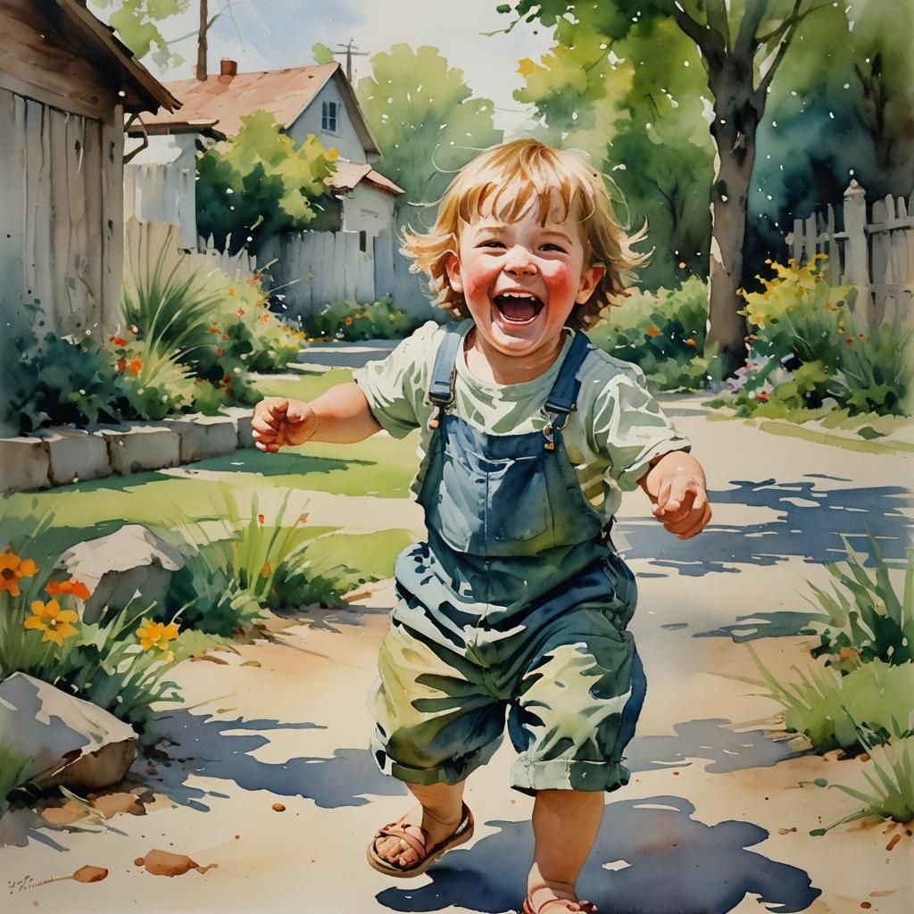 Child Laughing Out Loud in Watercolor Style