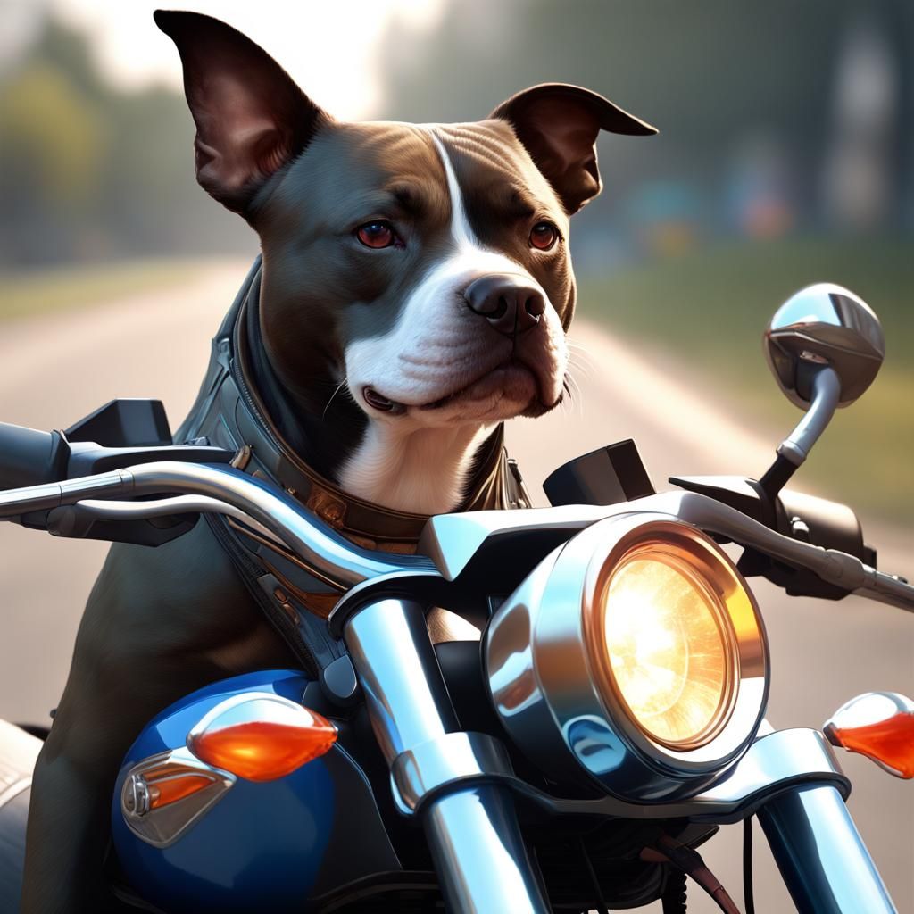 Staffy Dog Rides Motorcycle: Hyperdetailed Art Portrait