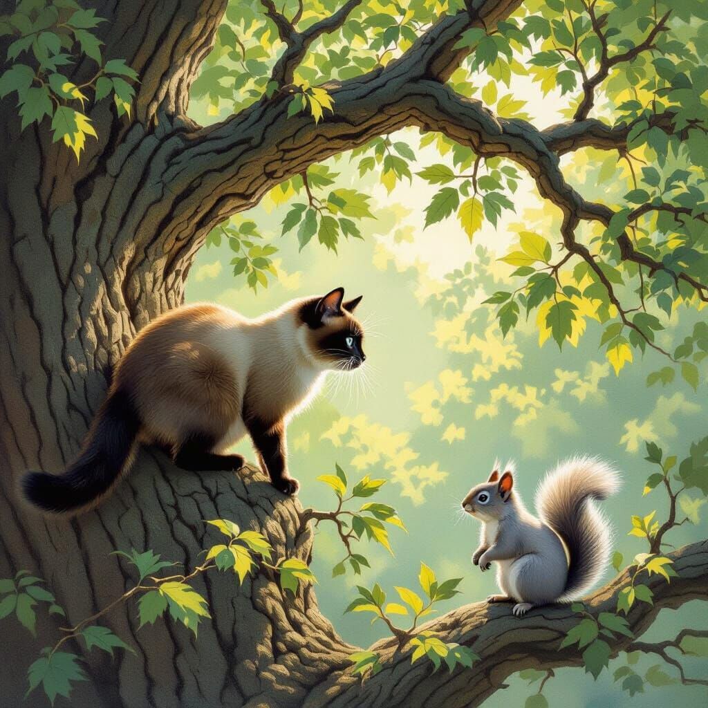 Siamese Cat Hunts Squirrel in Sun-Dappled Oak Tree
