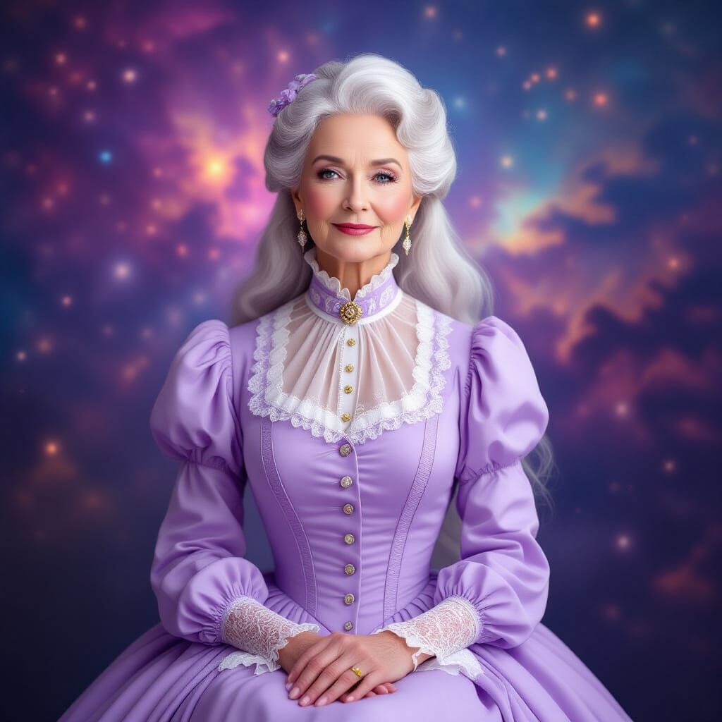 Victorian Woman with Flowing Hair in Cosmic Scene