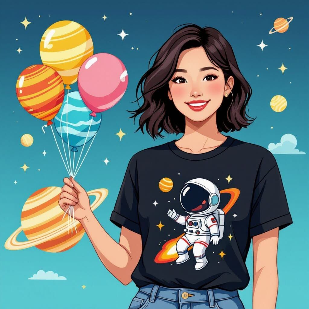 Woman in Astronaut T-Shirt Holding Planetary Balloons
