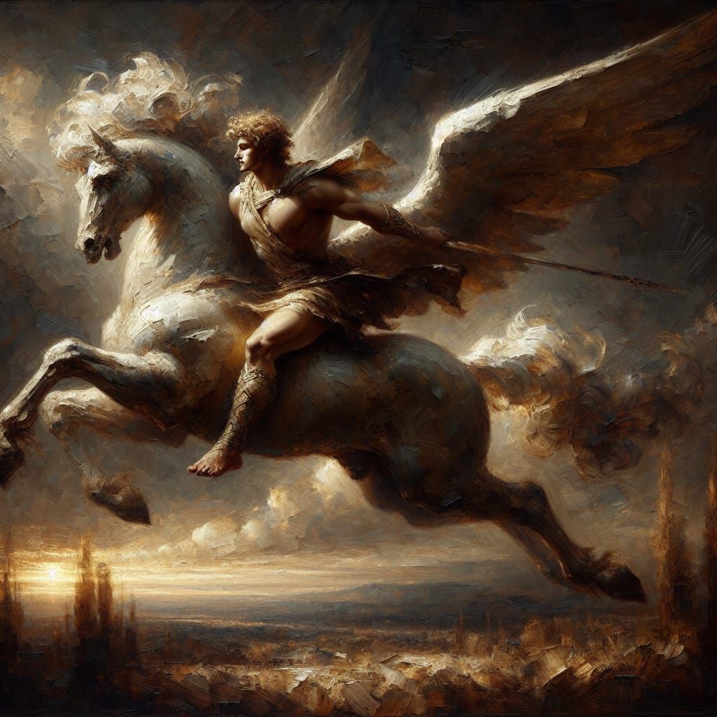 Epic Greek Hero Soars on Majestic Pegasus in Dramatic Renais...