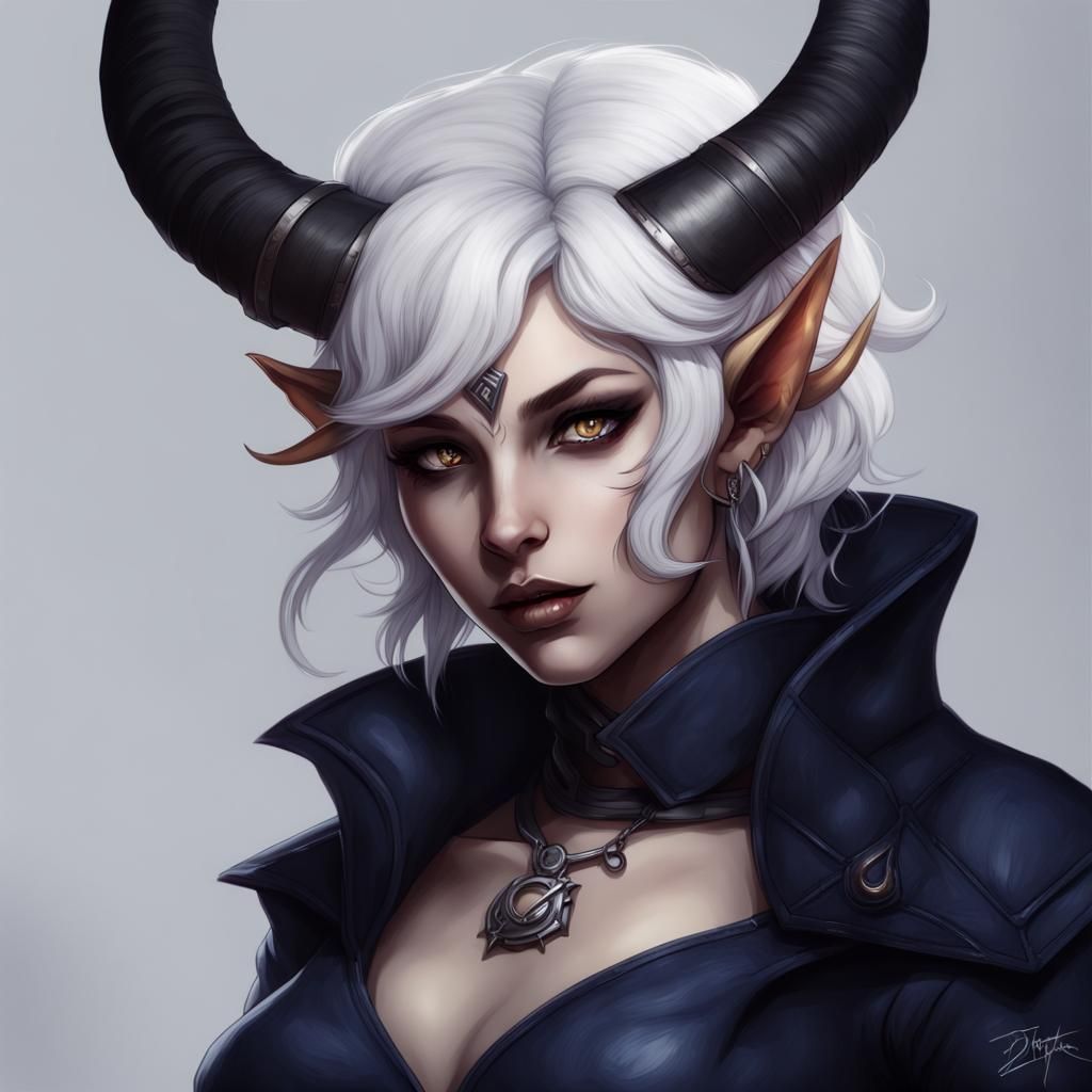 Striking Tiefling Portrait with Blue Skin and Horns