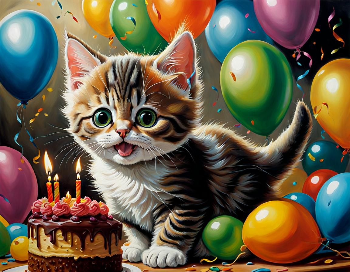 Hyperrealistic Oil Painting of a Birthday Kitten