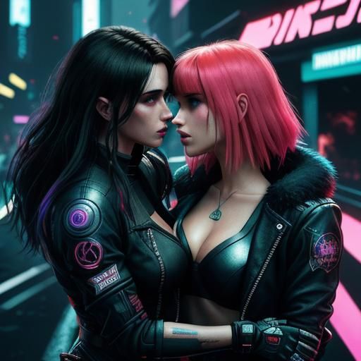 Kissing Girls in Cyberpunk Neon Cityscape