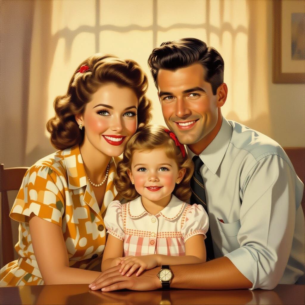 Nostalgic 1950s Family Portrait in Oil Painting Style