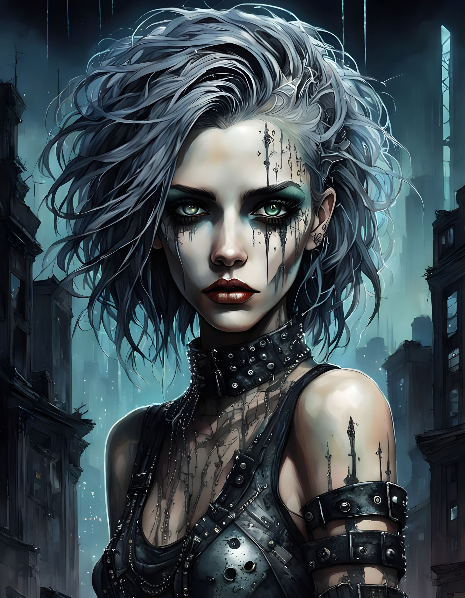 Punk Goddess Emerges from Dark City in Neon Haze