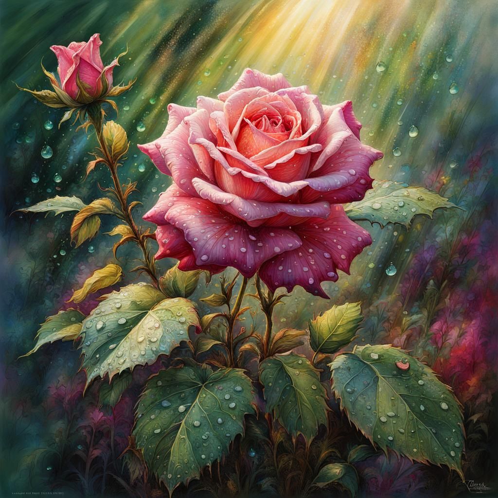 Rose Bush with Glistening Morning Dew