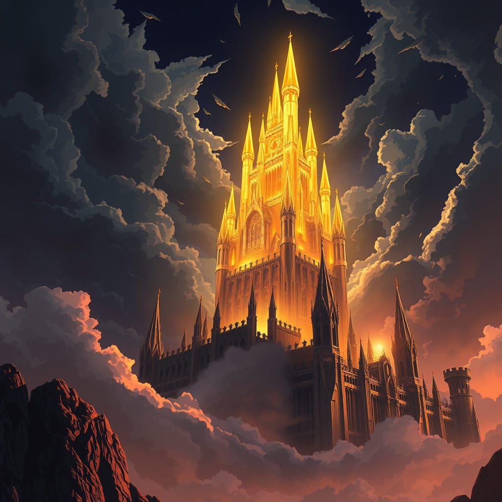 Breathtaking Castle in Golden Crystal Heaven: Anime Gothic A...