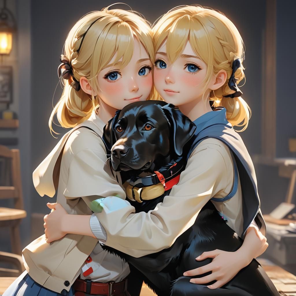 Blonde Girl Hugs Sister and Labrador in Anime Style