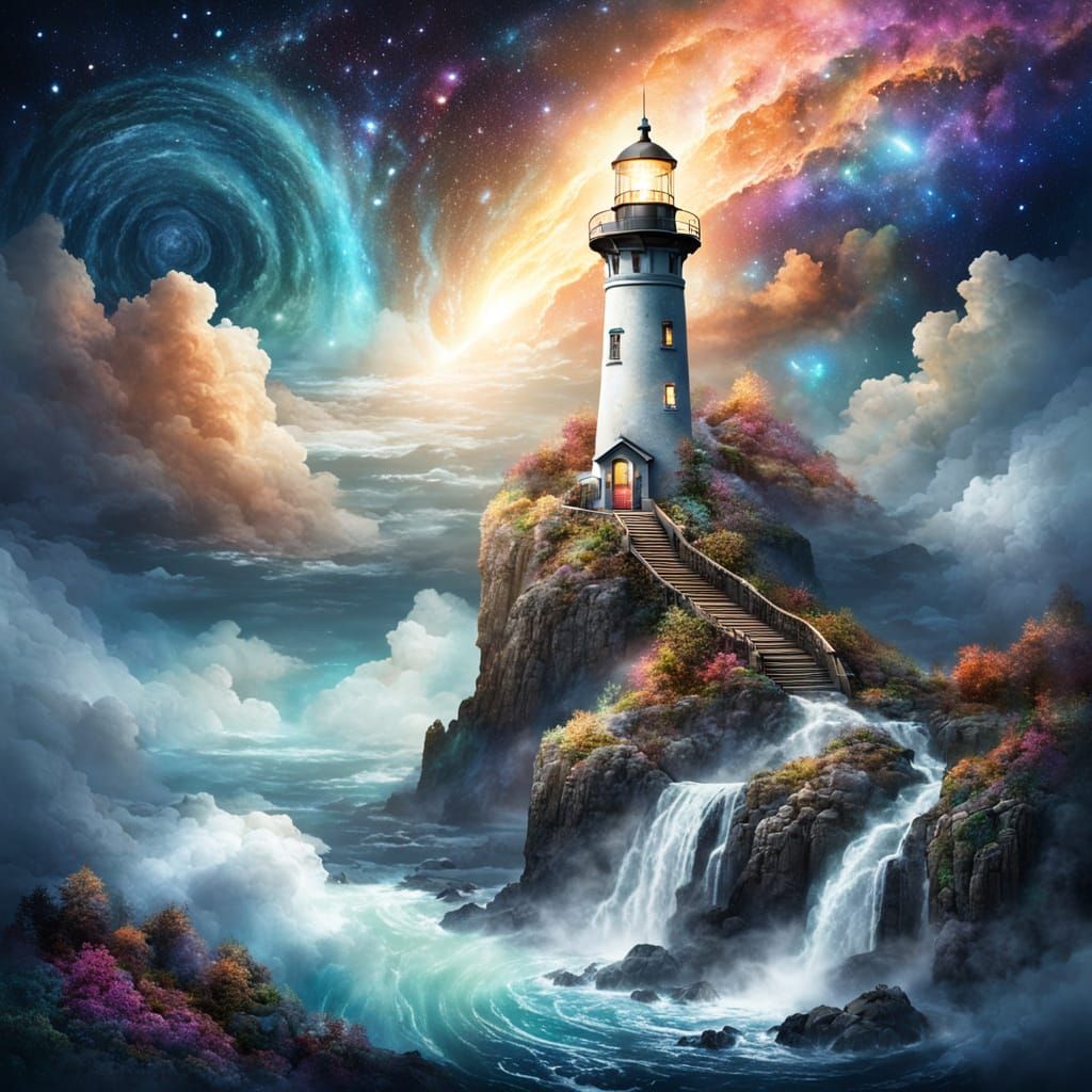 Majestic Lighthouse Above Clouds With Cosmic Night Sky