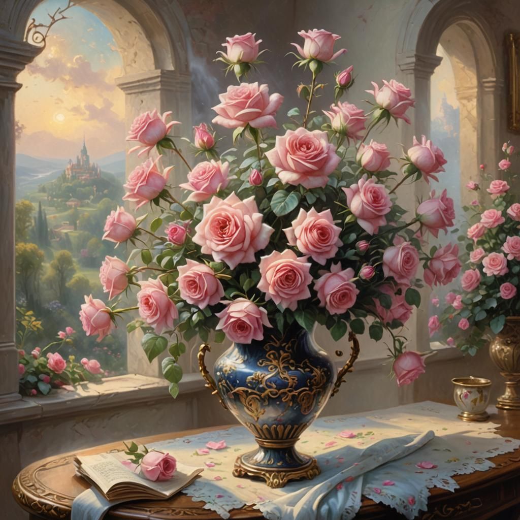 Pink Roses in a Cloisonne Vase