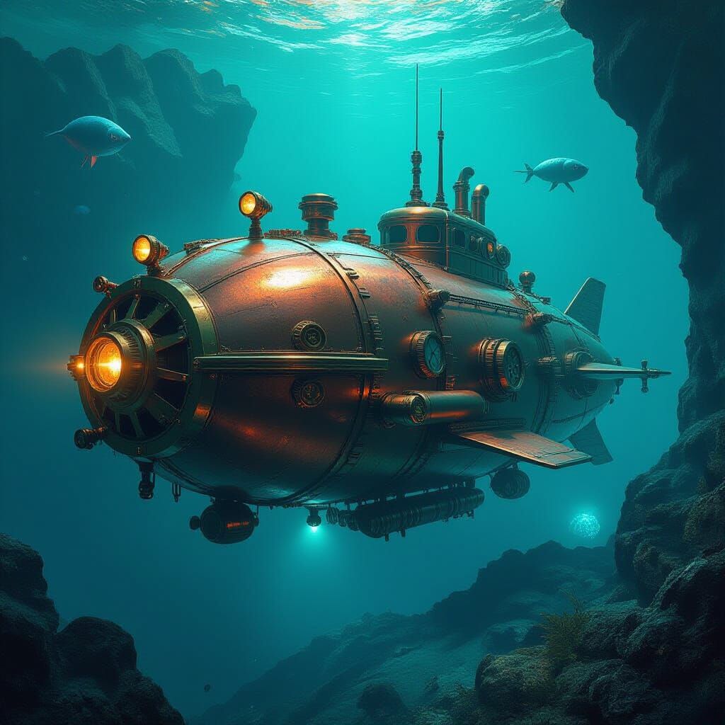 Steampunk Submarine Exploring Alien Ocean Depths