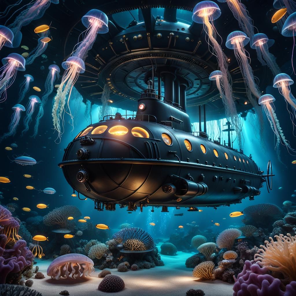 Hyperdetailed Submarine Surrounded by Glowing Jellyfish