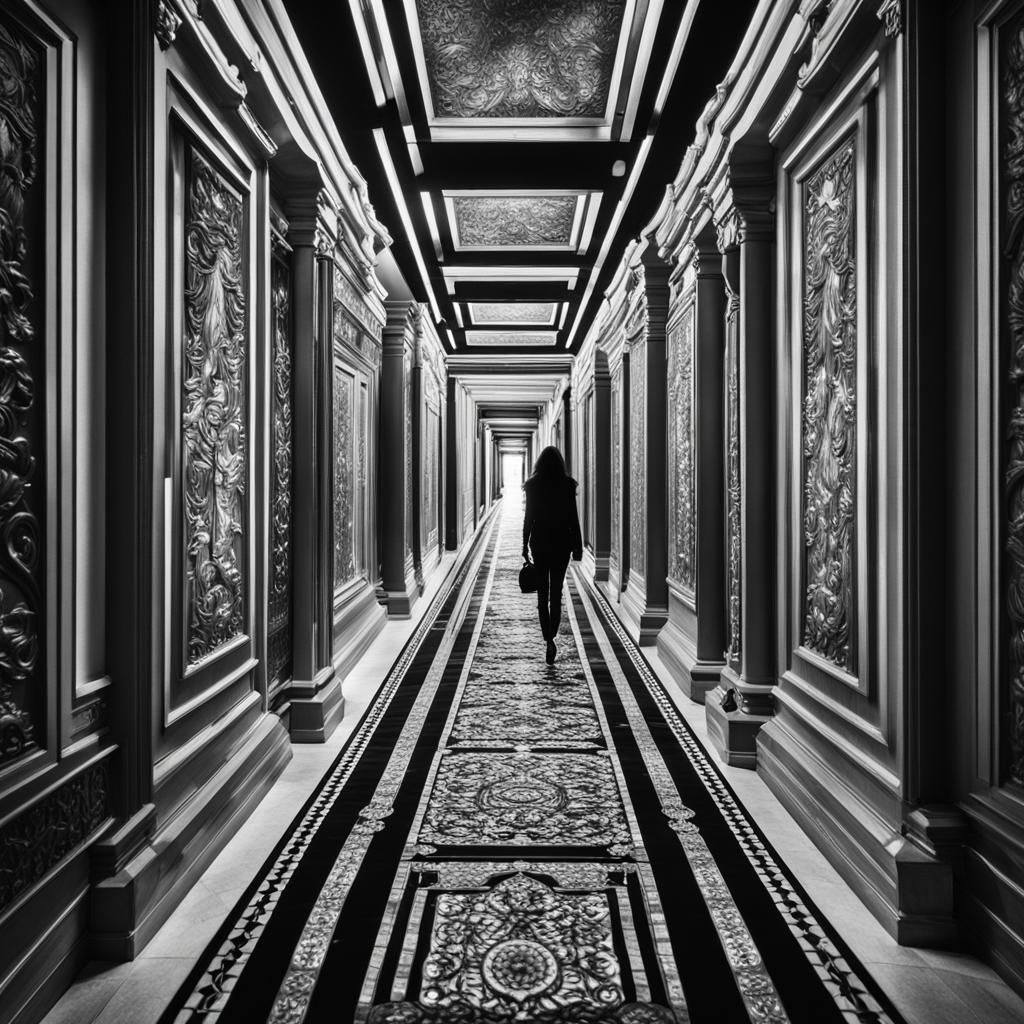 Infinite Corridor: Luminescent Silhouette in Black and White