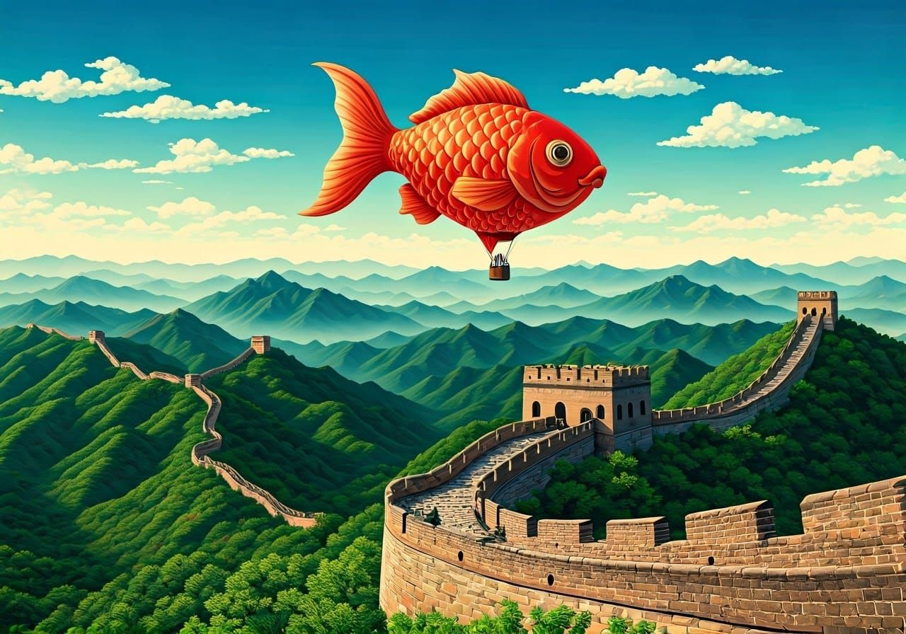 Whimsical Red Fish Balloon Soars Above Ancient Chinese Wall