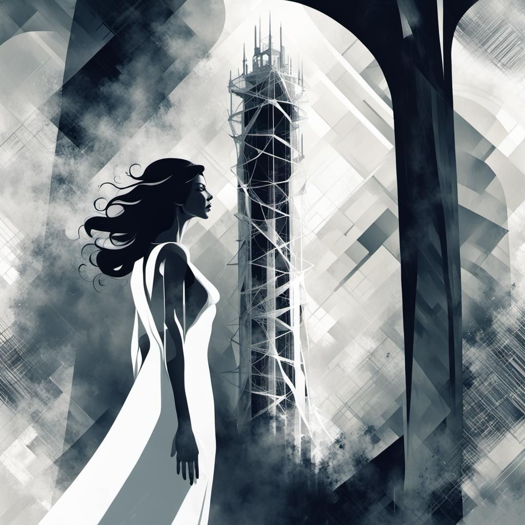 Mysterious Woman Gazing at Tower in Retrofuturism Style