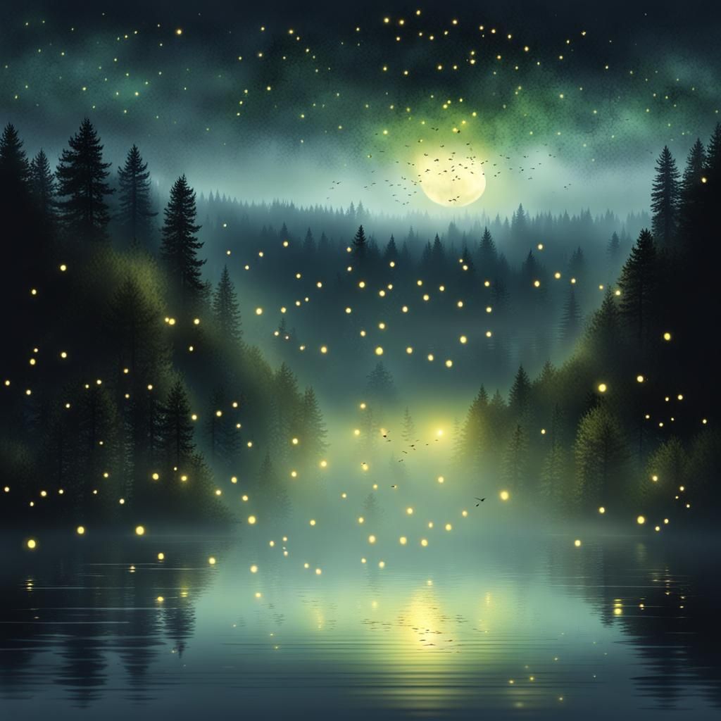 Fireflies Dance Above Misty Lake at Night