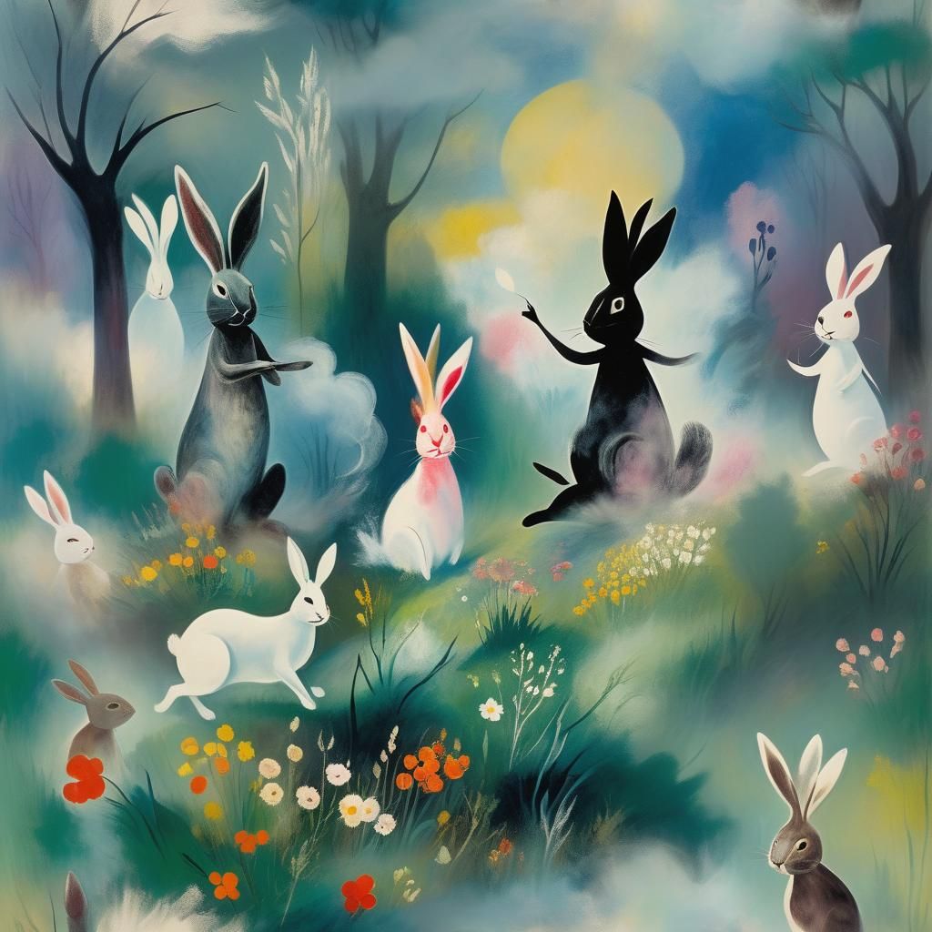Rabbits Ride South in Surreal Dreamscape, Expressionist Styl...