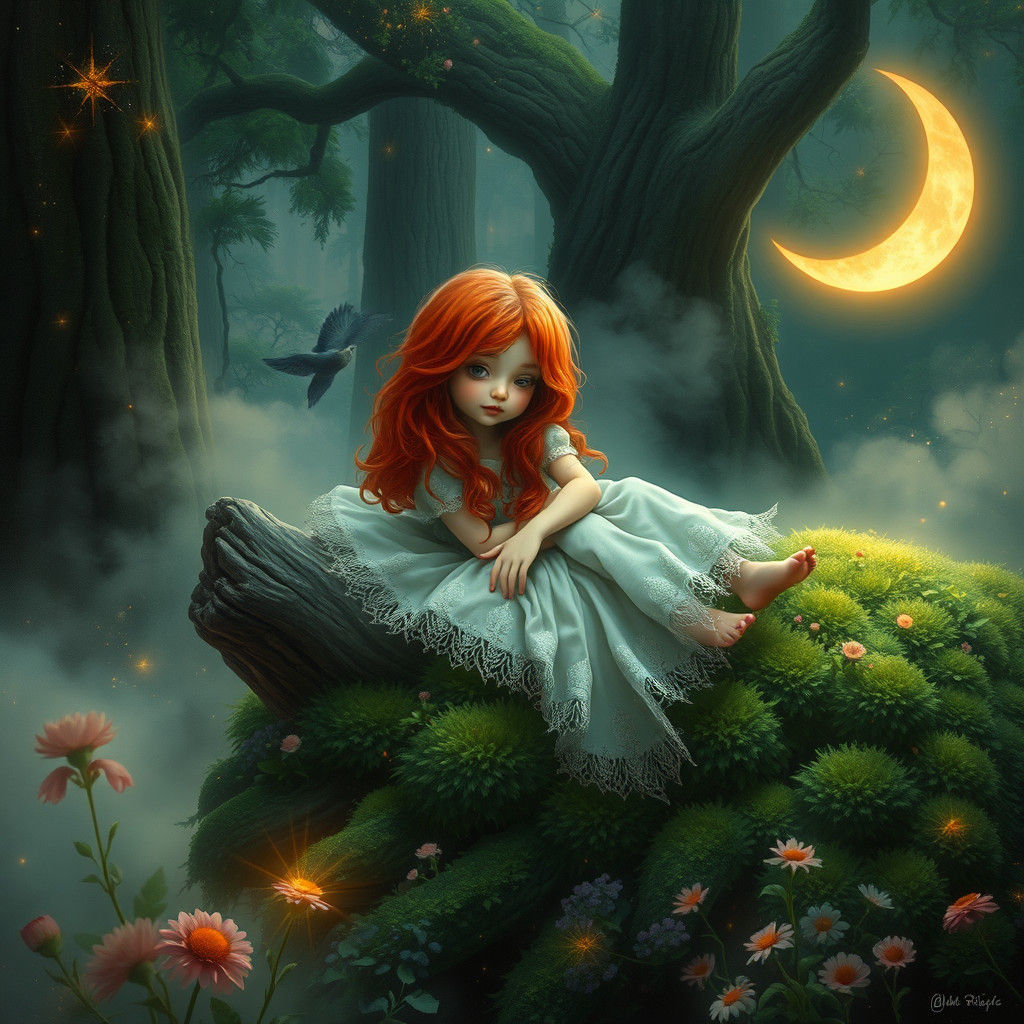 Mystical Redhead in Ethereal Forest: Dreamy Digital Art