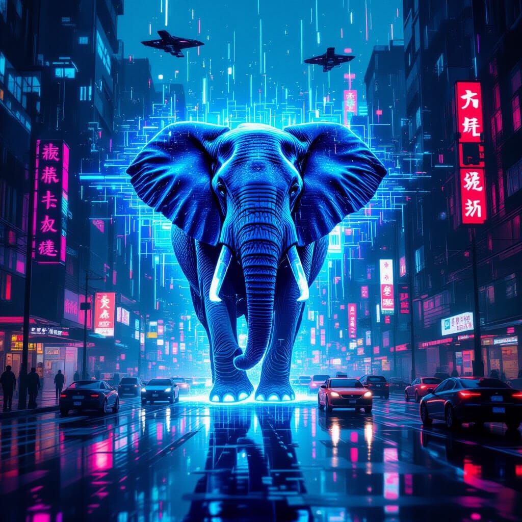 Holographic Elephant Over Cyberpunk City Street
